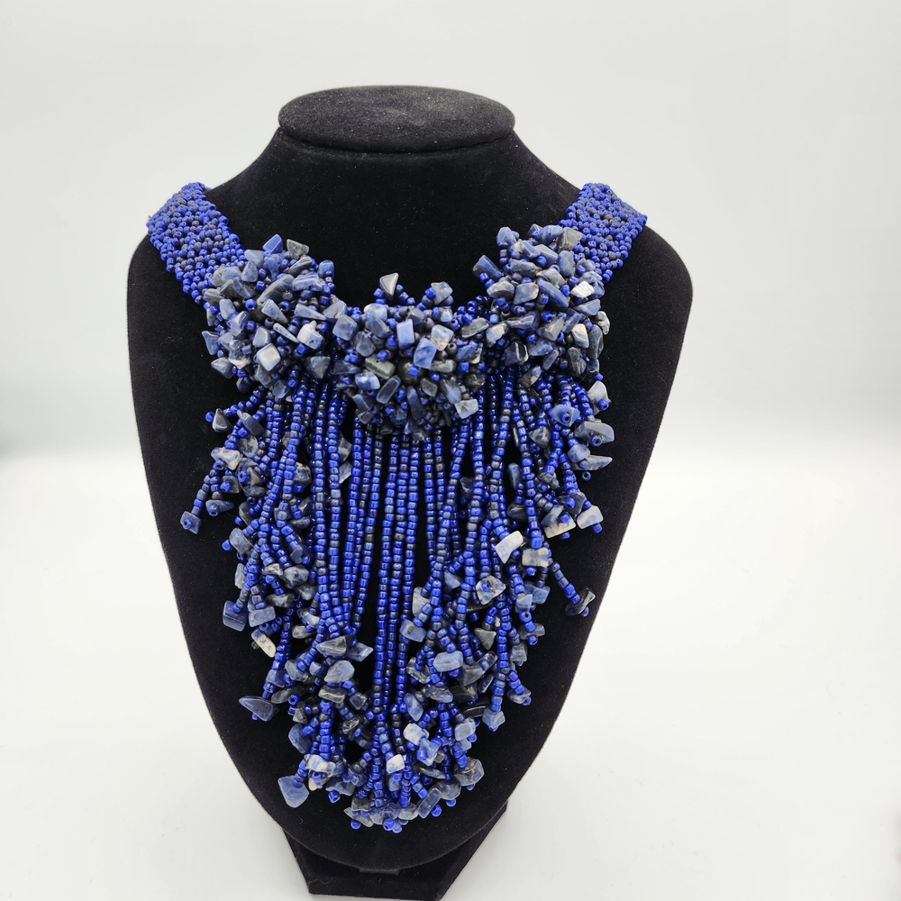 Natural Blue Sodalite Uncut Chips Beaded Statement Necklace